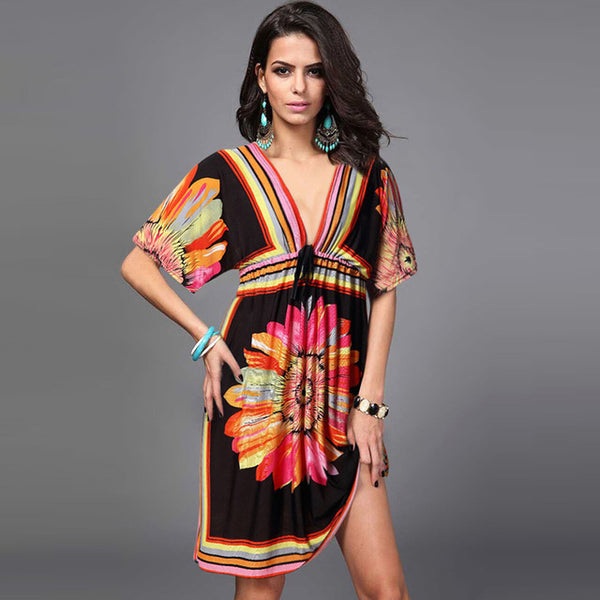 Boho Summer Women Dress Sexy Loose Sundresses Deep V Neck Dashiki Print Tunic Beach Dresses Big Size 2XL Woman SunDress Robe