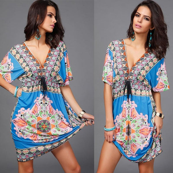 Boho Summer Women Dress Sexy Loose Sundresses Deep V Neck Dashiki Print Tunic Beach Dresses Big Size 2XL Woman SunDress Robe