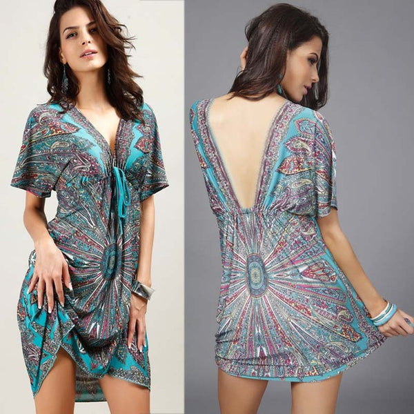 Boho Summer Women Dress Sexy Loose Sundresses Deep V Neck Dashiki Print Tunic Beach Dresses Big Size 2XL Woman SunDress Robe