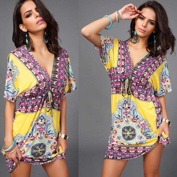 Boho Summer Women Dress Sexy Loose Sundresses Deep V Neck Dashiki Print Tunic Beach Dresses Big Size 2XL Woman SunDress Robe