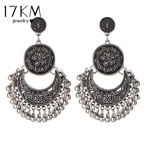 17KM Vintage Silver Color Big Flower Drop Earrings for Women Tassel Peandant  Ethnic Jewelry Punk Beads Earring Jewelry