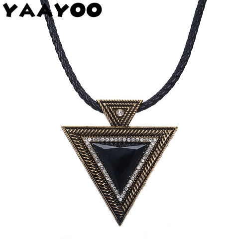 YAAYOO Vintage Jewelry Maxi Big Triangle Pendants Leather Chain Resin Crystal Statement Necklace For Lady Gifts NL065