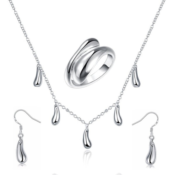 Big Promotion S222 Silver Color Water Drop Jewelry Sets Ring+Necklace Bangle+Earrings Women 925 Stamped Jewellry