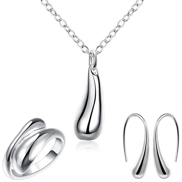 Big Promotion S222 Silver Color Water Drop Jewelry Sets Ring+Necklace Bangle+Earrings Women 925 Stamped Jewellry