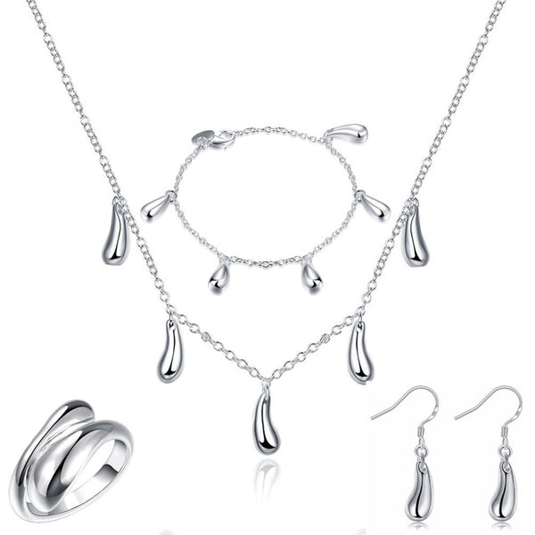 Big Promotion S222 Silver Color Water Drop Jewelry Sets Ring+Necklace Bangle+Earrings Women 925 Stamped Jewellry