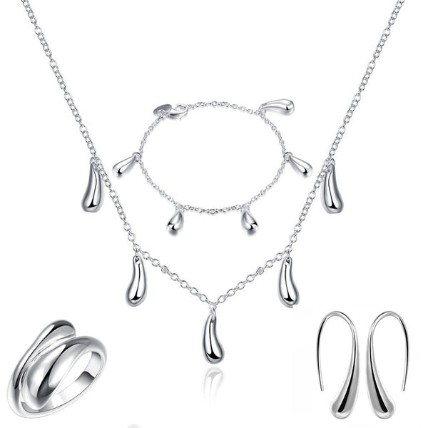 Big Promotion S222 Silver Color Water Drop Jewelry Sets Ring+Necklace Bangle+Earrings Women 925 Stamped Jewellry