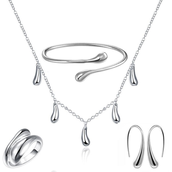 Big Promotion S222 Silver Color Water Drop Jewelry Sets Ring+Necklace Bangle+Earrings Women 925 Stamped Jewellry