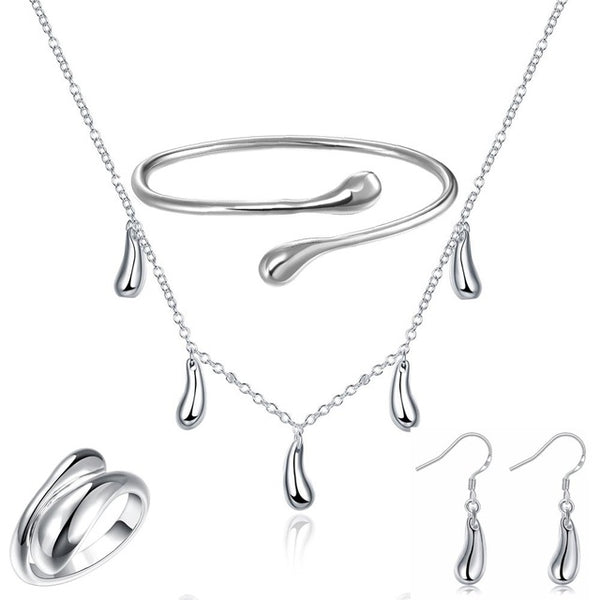 Big Promotion S222 Silver Color Water Drop Jewelry Sets Ring+Necklace Bangle+Earrings Women 925 Stamped Jewellry