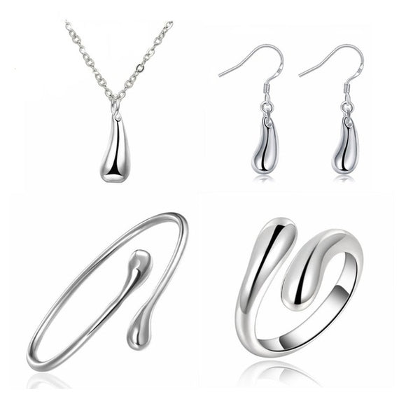 Big Promotion S222 Silver Color Water Drop Jewelry Sets Ring+Necklace Bangle+Earrings Women 925 Stamped Jewellry