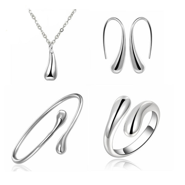 Big Promotion S222 Silver Color Water Drop Jewelry Sets Ring+Necklace Bangle+Earrings Women 925 Stamped Jewellry