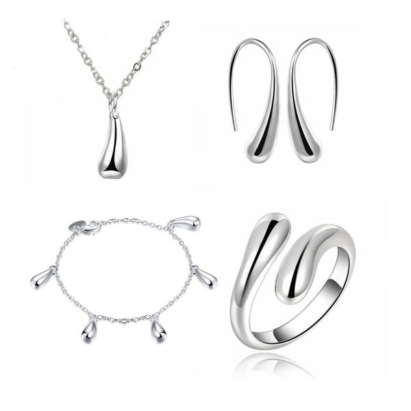 Big Promotion S222 Silver Color Water Drop Jewelry Sets Ring+Necklace Bangle+Earrings Women 925 Stamped Jewellry