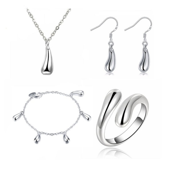 Big Promotion S222 Silver Color Water Drop Jewelry Sets Ring+Necklace Bangle+Earrings Women 925 Stamped Jewellry