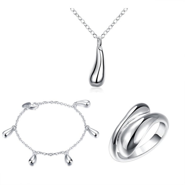 Big Promotion S222 Silver Color Water Drop Jewelry Sets Ring+Necklace Bangle+Earrings Women 925 Stamped Jewellry