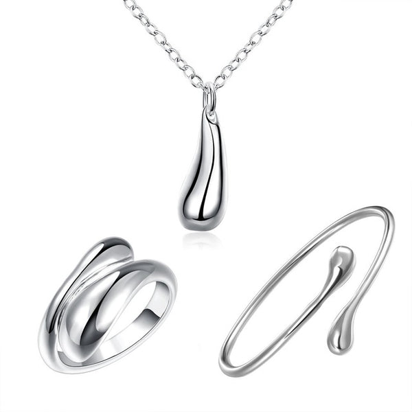 Big Promotion S222 Silver Color Water Drop Jewelry Sets Ring+Necklace Bangle+Earrings Women 925 Stamped Jewellry