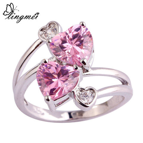 lingmei Fashion Classic Loving Heart Pink & White CZ Silver Color Ring Size 6 7 8 9 10  Beautiful Women Jewelry Party Wholesale