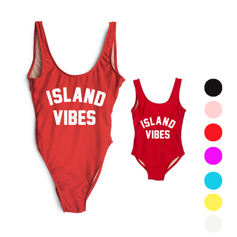 ISLAND VIBES Letter Women Swimsuit 2017 Sexy Low Back High Cut Swimwear Kids Bathing Beachwear Girls One Piece Black Bodysuit