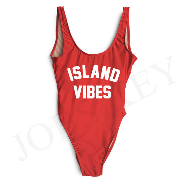 ISLAND VIBES Letter Women Swimsuit 2017 Sexy Low Back High Cut Swimwear Kids Bathing Beachwear Girls One Piece Black Bodysuit