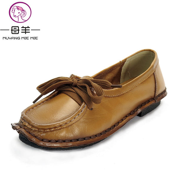 Women's Handmade Shoes Genuine Leather Flat Lacing Mother Shoes Woman Loafers Soft Single Casual Shoes Women Flats