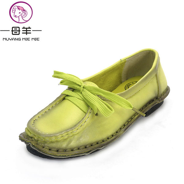 Women's Handmade Shoes Genuine Leather Flat Lacing Mother Shoes Woman Loafers Soft Single Casual Shoes Women Flats