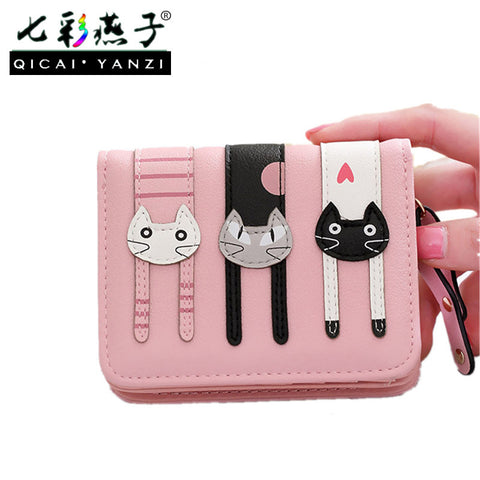 2017 New Women Cute PU Leather Hasp Cartoon Cat Short Wallet Animal Change Purse Card Holder Girls Handbag Free Shipping P361