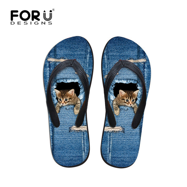 FORUDESIGNS 2017 Fashion Summer Beach Flip Flops Women Slippers Cute 3D Pet Cat Dog Terrier Printed Sandals Lady Flats Shoes