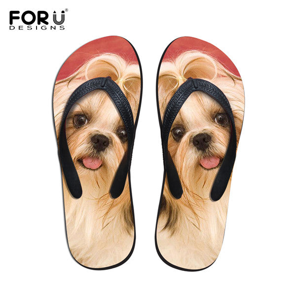 FORUDESIGNS 2017 Fashion Summer Beach Flip Flops Women Slippers Cute 3D Pet Cat Dog Terrier Printed Sandals Lady Flats Shoes