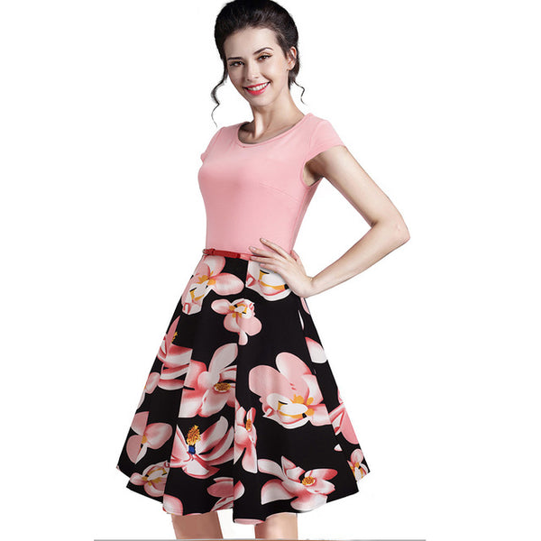 Nice-forever Summer Floral Casual Stylish Elegant Print Charming Women O Neck Sleeveless Zipper Work Office Expansion Dress A009