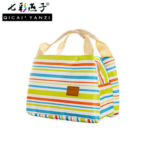 QICAI.YANZI 2017 Insulated Cold Canvas Stripe Picnic Tote Carry Case Hot Sale Girl Thermal Portable Lunch Bag Bolsa Termica S376