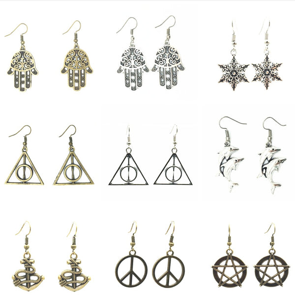 Hot New Fashion Retro Bijoux Peace Snowflake Anchors Hand Triangle Dolphin Drop Earrings Dangling Earrings For Women Jewelry