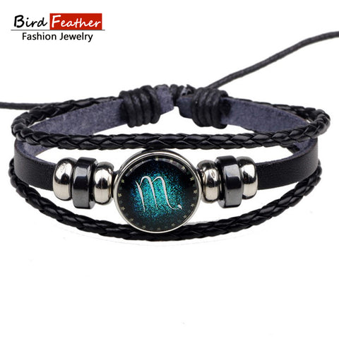 2017 New arrival Zodiac 12 Constellation Bracelet Men Jewelry Fashion Women Braided PU Leather Bracelets & Bangles BQN104