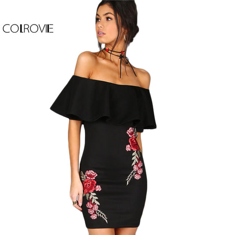 COLROVIE Dress Women Black Sexy Off Shoulder Embroidery Party Dresses 2017 Rose Applique Ruffle Elegant Bodycon Mini Dress
