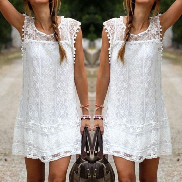 Sexy White Beach Dress Lace Summer Dress Women Short Dress O-Neck Casual Dresses Plus Size S-5XL