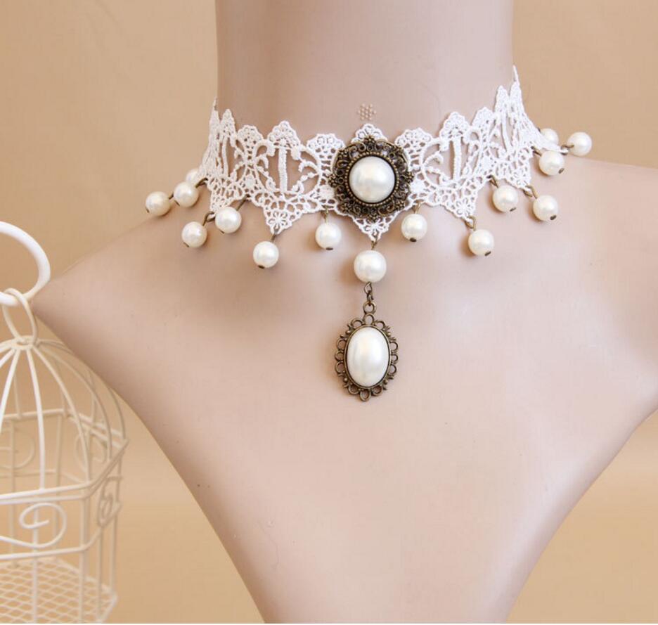 New Fashion Elegant Vintage Imitation Pearl White Lace Statement Choker Necklaces Bridal Jewelry For Women Wedding C76