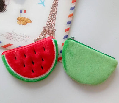 Retail girls fruit coin purses kids Plush Watermelon Strawberry ladies small wallet bag key case women handbag Card Holders