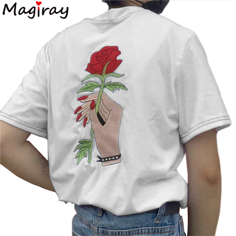Embroidery Rose tshirt Women Couples Clothes T Shirt 2017 Summer Short Sleeve Female t-shirt harajuk Tops tee shirt femme C370