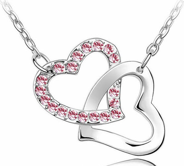 Free Shipping Gift Wholesale fashion jewelry top quality Czech drilling AAAA+ rhinestone 8 colors Necklace Double Heart pendant