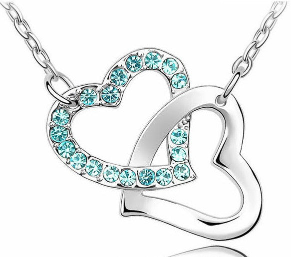 Free Shipping Gift Wholesale fashion jewelry top quality Czech drilling AAAA+ rhinestone 8 colors Necklace Double Heart pendant