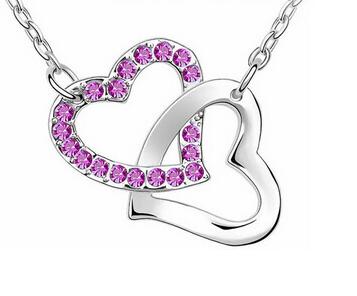 Free Shipping Gift Wholesale fashion jewelry top quality Czech drilling AAAA+ rhinestone 8 colors Necklace Double Heart pendant