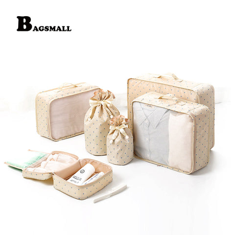 BAGSMALL 6pcs/Set Packing Cubes Waterproof Nylon Travel Organizer Bag for Luggage Packing Suitcase With Drawstring Cosmetic Bag