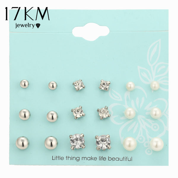 17KM New 9 Pairs/set Crystal Simulated Pearl Stud Earrings Piercing Gold Color Fashion Earrings For Women Bijoux Jewelry Brincos
