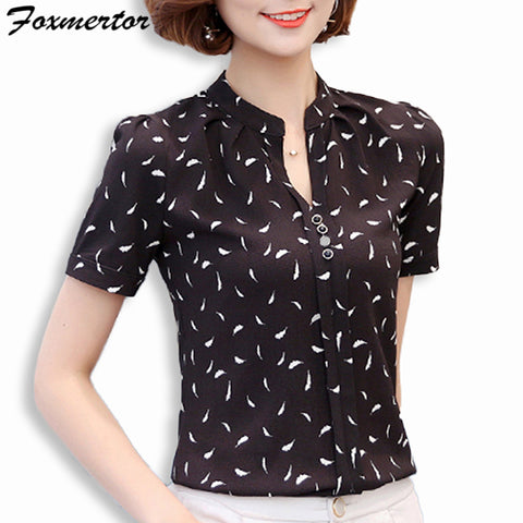 Foxmertor Chiffon Lady Office Blouses Shirt 2017 V-Neck Print Women Shirt Tunic Short Sleeve Blusas Feminina Elegant Tops #F113
