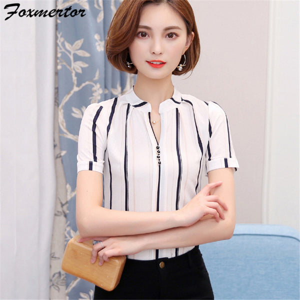 Foxmertor Chiffon Lady Office Blouses Shirt 2017 V-Neck Print Women Shirt Tunic Short Sleeve Blusas Feminina Elegant Tops #F113