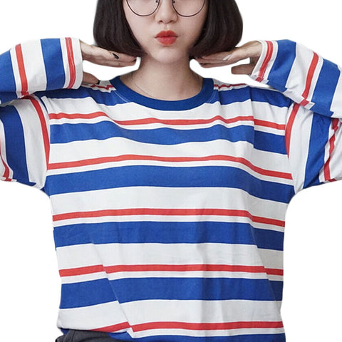 New 2017 Women Tops Autumn Female T Shirt Harajuku Shirts Striped Long Sleeve T-shirt  Women Clothing Loose Kawaii BF Top