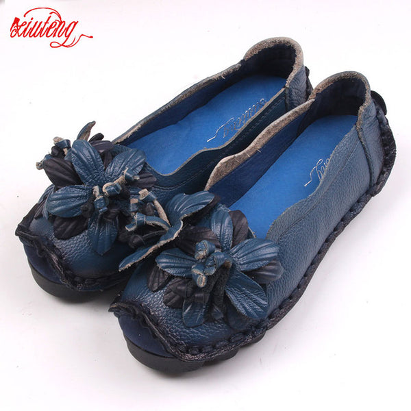 Xiuteng New National Wind Flowers Handmade Genuine Leather Shoes Women Retro Soft Bottom Flat Shoes Summer Canvas Ballet Flats