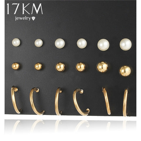 17KM 9 Pairs/Set Vintage Gold Color Simulated Pearl Stud Earrings For Women Men boho Koyle Brincos Clip Cuff Earring Set