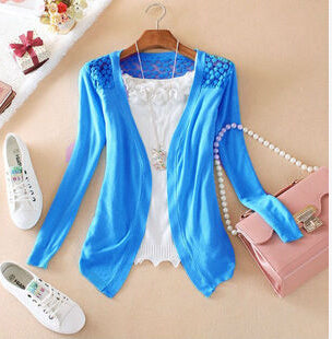 Women Candy Color Slim Thin Lace Hollow Out jacket Women Knitted Cardigan Sweater Tops Irregular Hem Long Sleeve  Outwear Coat