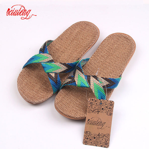 2017 Fashion Flax Home Slippers Indoor Floor Shoes Cross Belt Silent Sweat Slippers For Summer Women Sandals