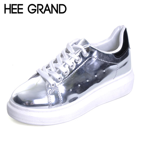HEE GRAND Patent Leather Creepers Platform Shoes Woman 2017 Casual Loafers Gold Silver Flats Lace-Up Women Shoes XWC1010