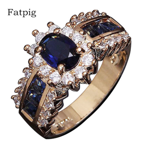 Blue Zircon Crystal Stone Rings for Women Gold Color Engagement Wedding Rings Vintage Female Oval Rings Women's Rings Jewelry