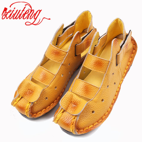 Xiuteng Summer New Soft Bottom Flat Leather Shoes Personality Casual Women Sandals Tunnel Vintage Handmade Sandals For spring